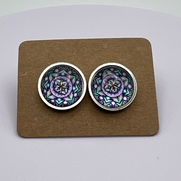 Classic Round Stud Earrings - Bohemian Chic Silver Stud Earrings - Picture 10 of 10
